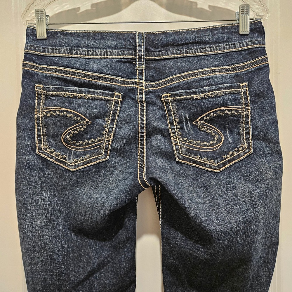 Silver Jeans Womens 29 Dark Suki Straight Distressed Contrast Stitch Mid-Rise